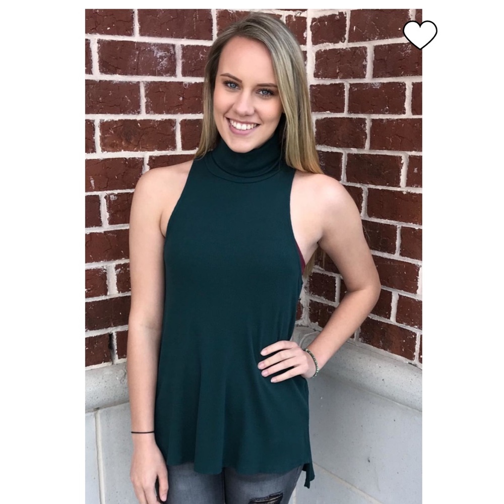 Aqua color turtle neck top with scoop sleeve